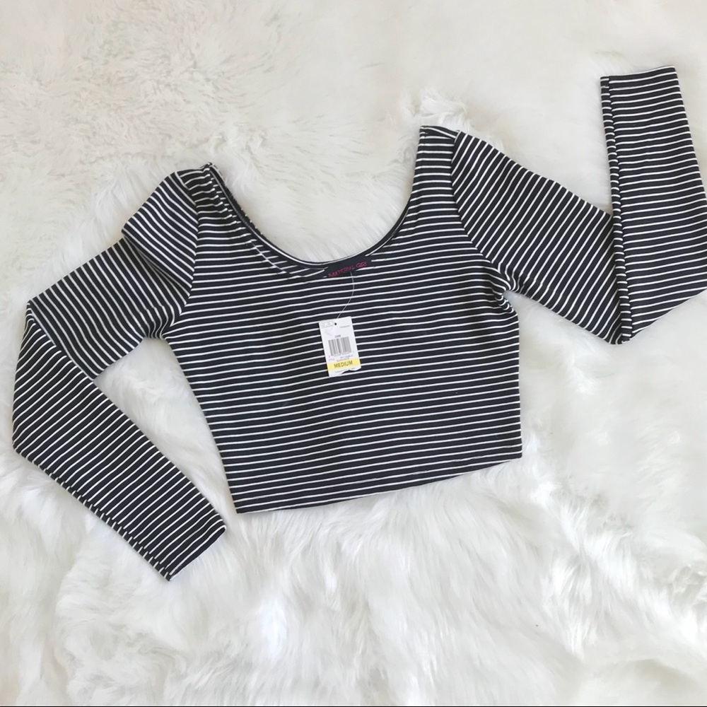 Black and white striped long sleeve crop top.